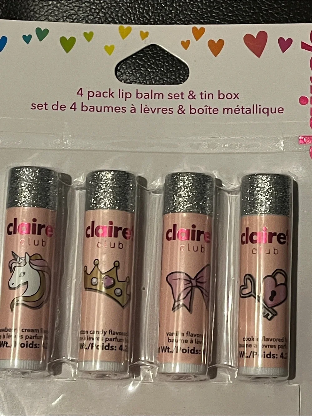 Claire’s Club 4 Flavored Lip Balm Set with Pink Keepsake Tin | NWT